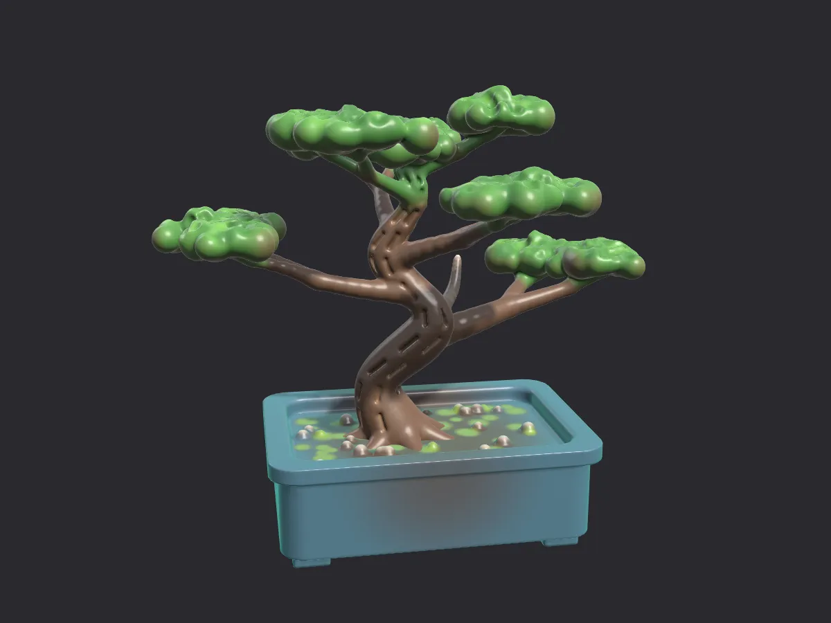 A bonsai tree with cloud-shaped foliage in a blue tray