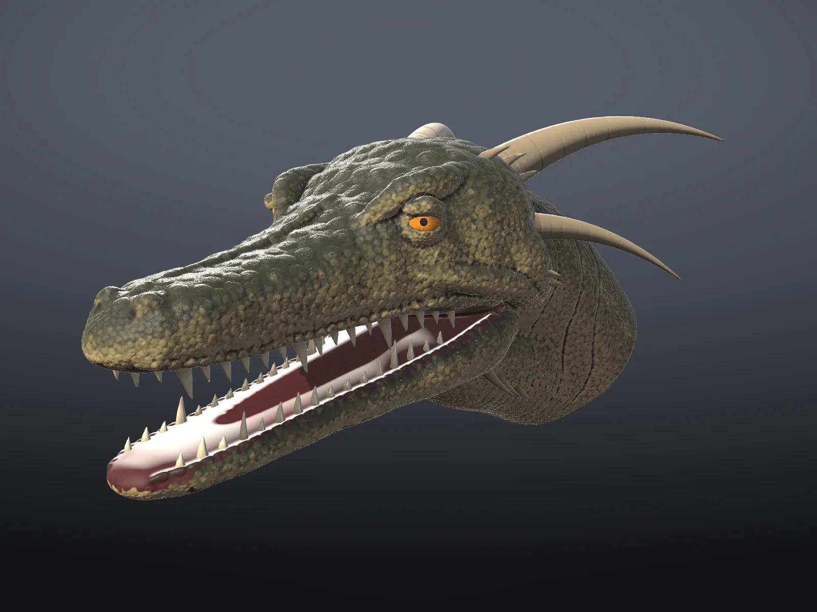 A long-snouted dragon head with open jaws, horns and pebbled green scales