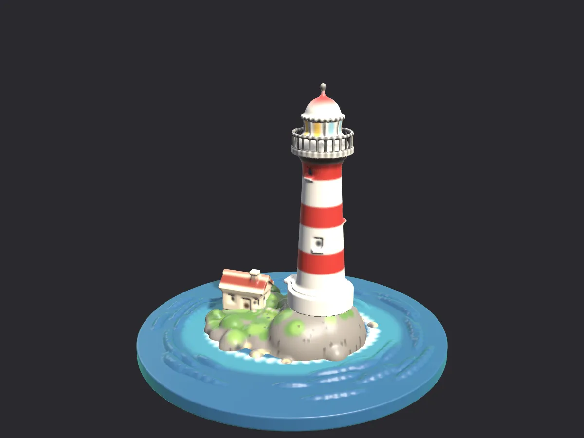 A red and white striped lighthouse on a small rocky island