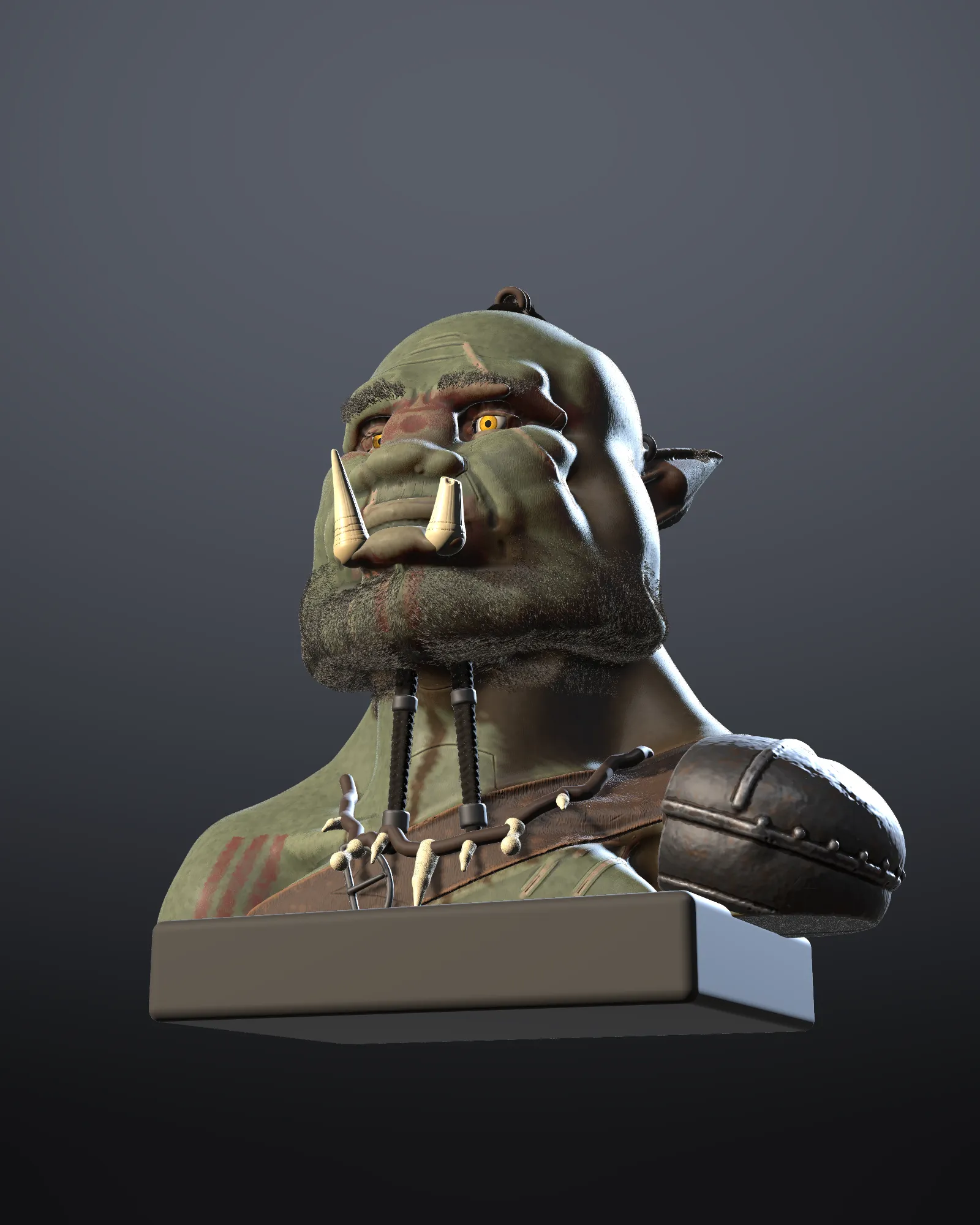 The orc bust from a low angle under Dramatic light, standing on its plinth