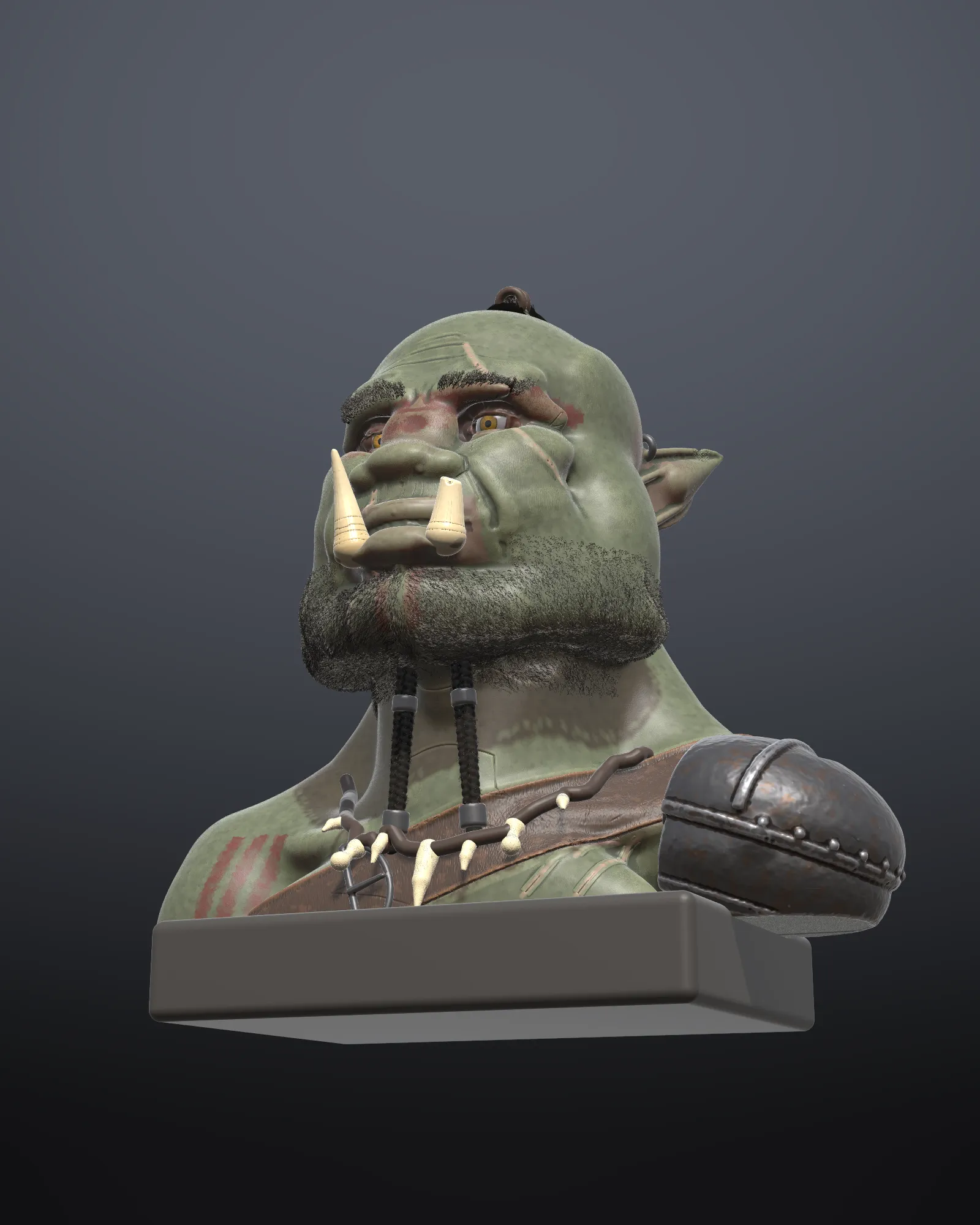 The orc bust on its plinth from a low angle
